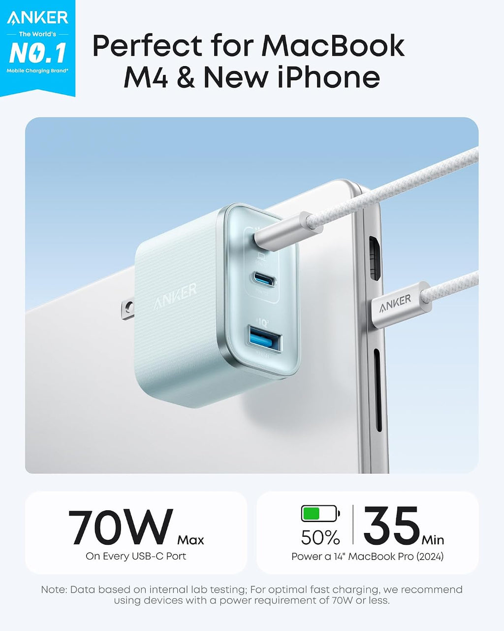 Anker Nano 70W Max 3-Port Fast Charger USB C, Type C Charger Fast Charging