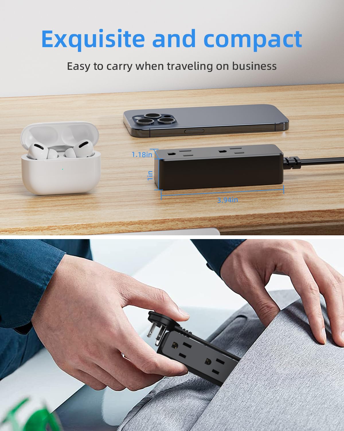 Flat Plug Extension Cord with 3 Outlets - 6Ft Low Profile Indoor 3 Prong Grounded Power Strip for Home Office & Travel - 16 AWG 13A/1625W, Black