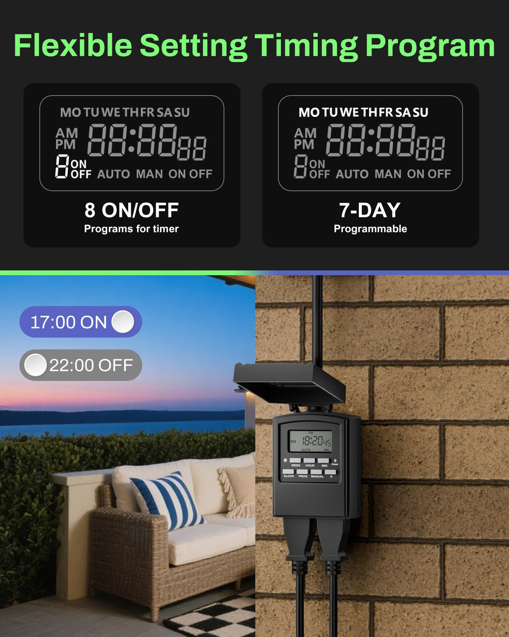 BN-LINK Outdoor 24-Hour Mechanical Timer Outlet, 2 Grounded Outlets