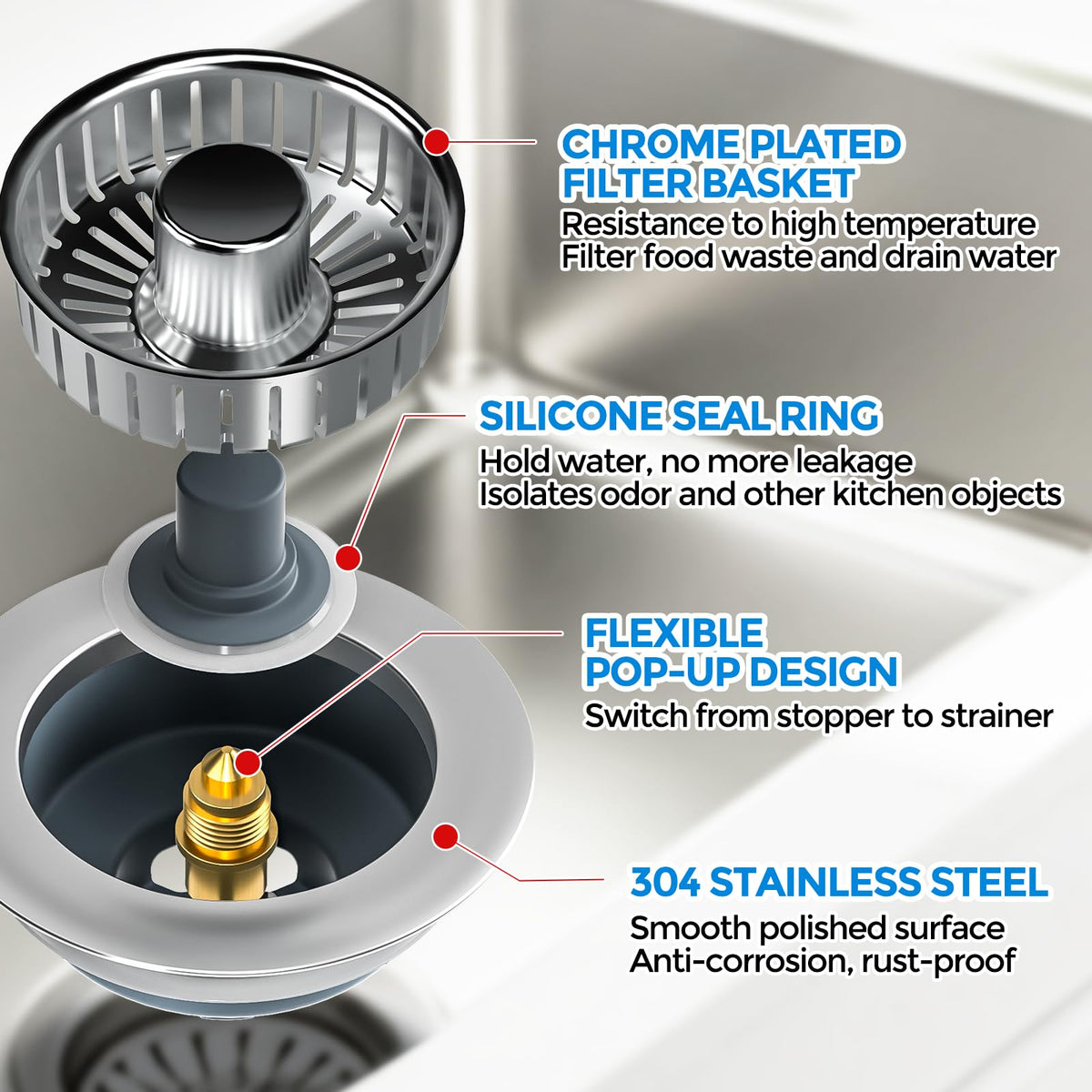 zaa 3 in 1 Kitchen Sink Drain Strainer Stopper Removable Basket Pop-Up