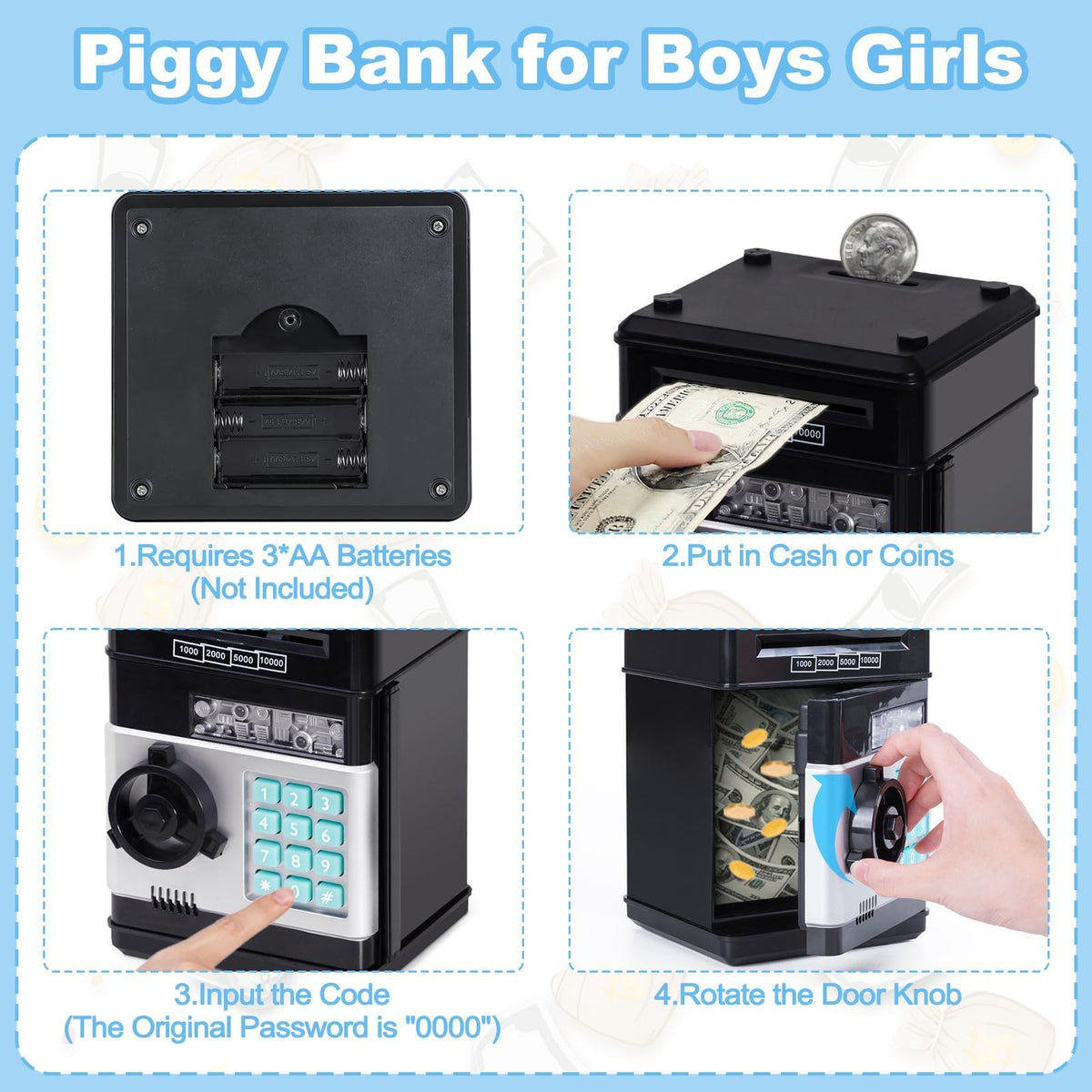 Refasy Piggy Bank Cash Coin Can ATM Bank Electronic Coin Money Bank for Kids Age 3-12, Money Savings Box Mini ATM Coin Bank Toys Gifts for 3 4 5 6 7 8 9 10 11 12 Year Old Boys Girls