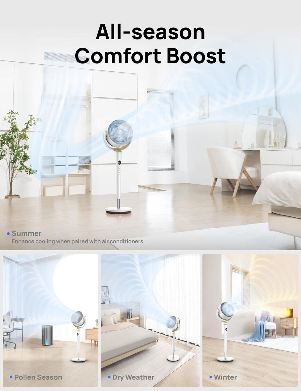 DREO Pedestal Fan for Bedroom, 100ft Airflow, Quiet DC Motor Standing Fan