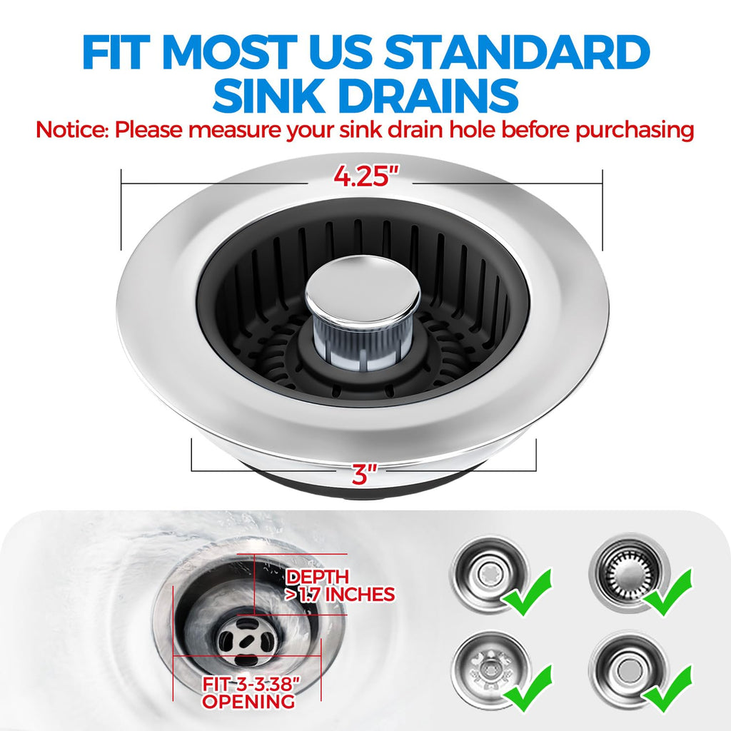 zaa 3 in 1 Kitchen Sink Drain Strainer Stopper Removable Basket Pop-Up