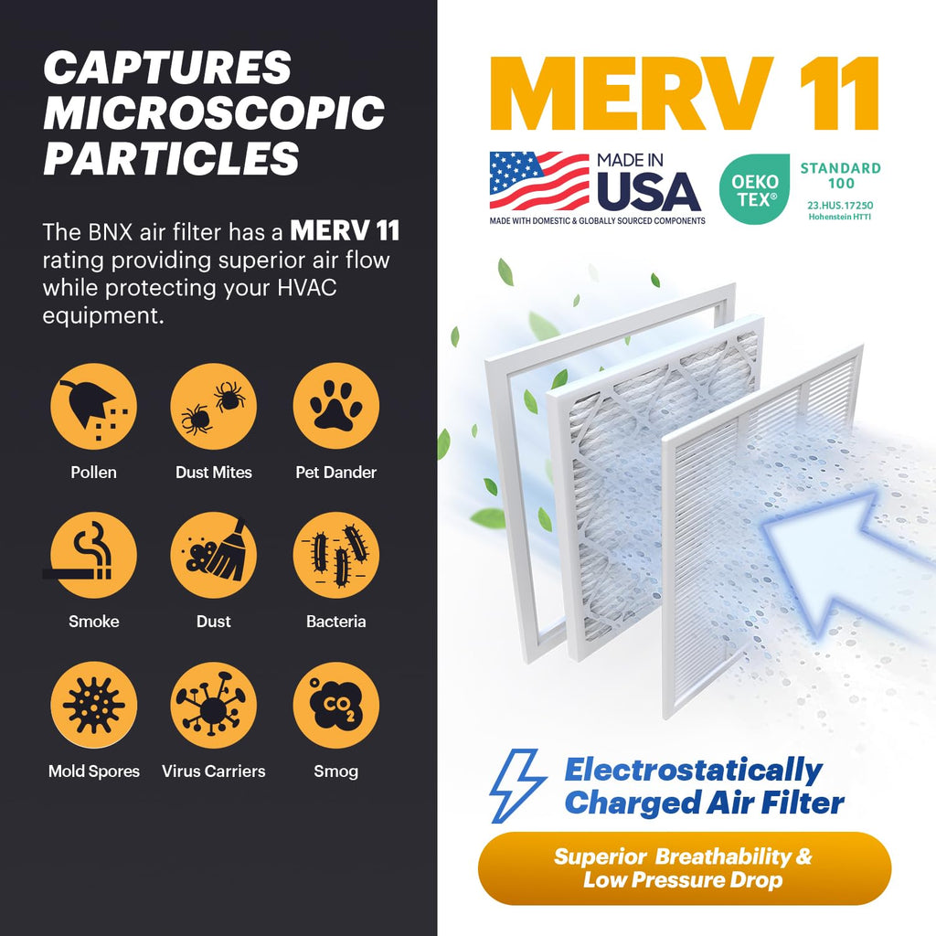BNX TruFilter 14x25x1 Air Filter MERV 11 (6-Pack) - MADE IN USA - Allergen Defense Electrostatic Pleated Air Conditioner HVAC AC Furnace Filters for Allergies, Dust, Pet, Smoke, Allergy MPR 1200 FPR 7
