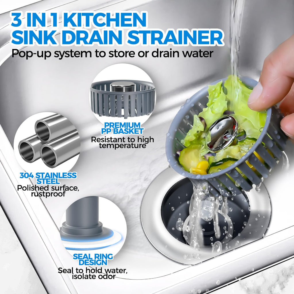 zaa 3 in 1 Kitchen Sink Drain Strainer Stopper Removable Basket Pop-Up