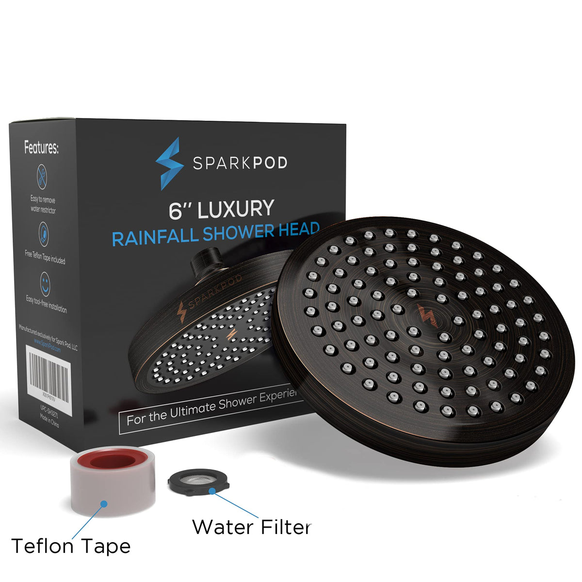 SparkPod Rain Shower Head, 6 Inch Round, Luxury Polished Chrome Finish