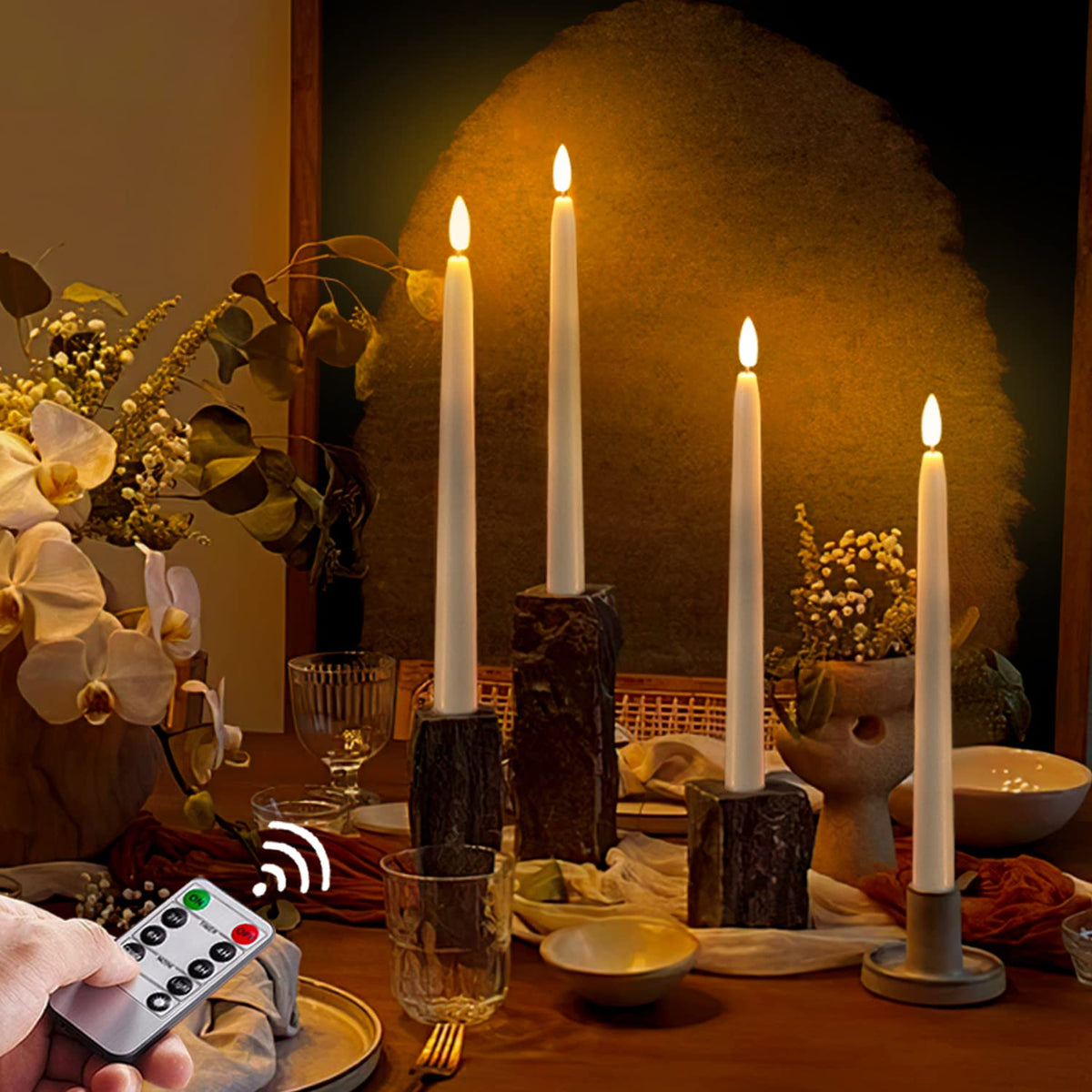 Homemory 6 Pcs Real Wax Ghost Flameless Taper Candles, 3D Wick Flickering Led Candlesticks 9.6 Inch Battery Operated with Remote & Timer, Spooky Halloween Gothic Indoor Decor