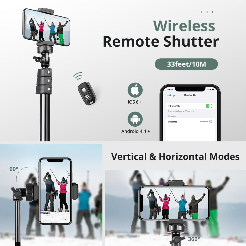 SENSYNE 62" Phone Tripod, Extendable Selfie Stick with Wireless Remote