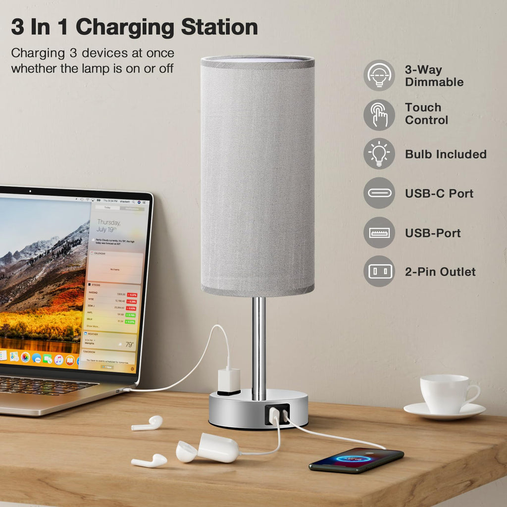Fenmzee Bedside Table Lamp for Bedroom - Dimmable Touch, USB A+C, AC Outlet