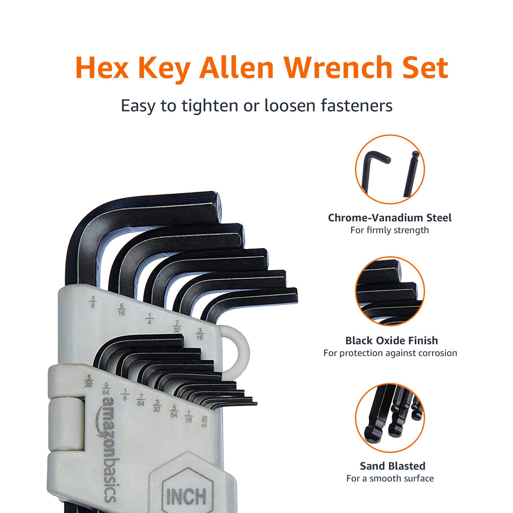 Amazon Basics 36-Piece Allen Wrench/Hex Key Set, SAE & Metric Sizes, Chrome Vanadium Steel with Long Arm, 2 Organized Storage Cases