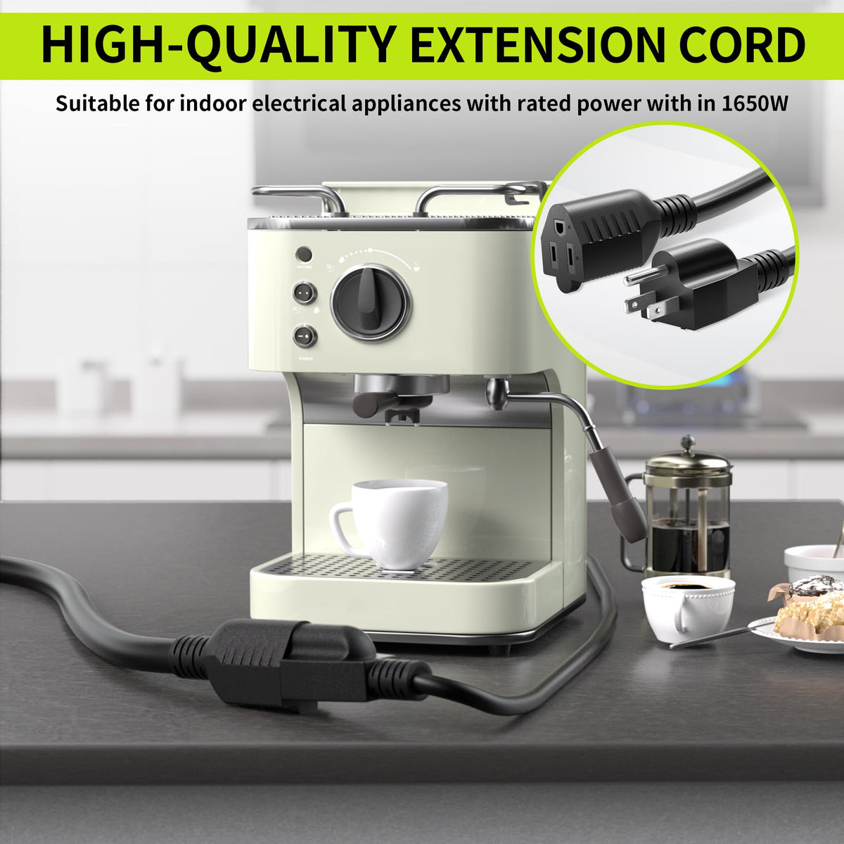 16/3 Black Extension Cord 6 FT Indoor, Short Extension Cord