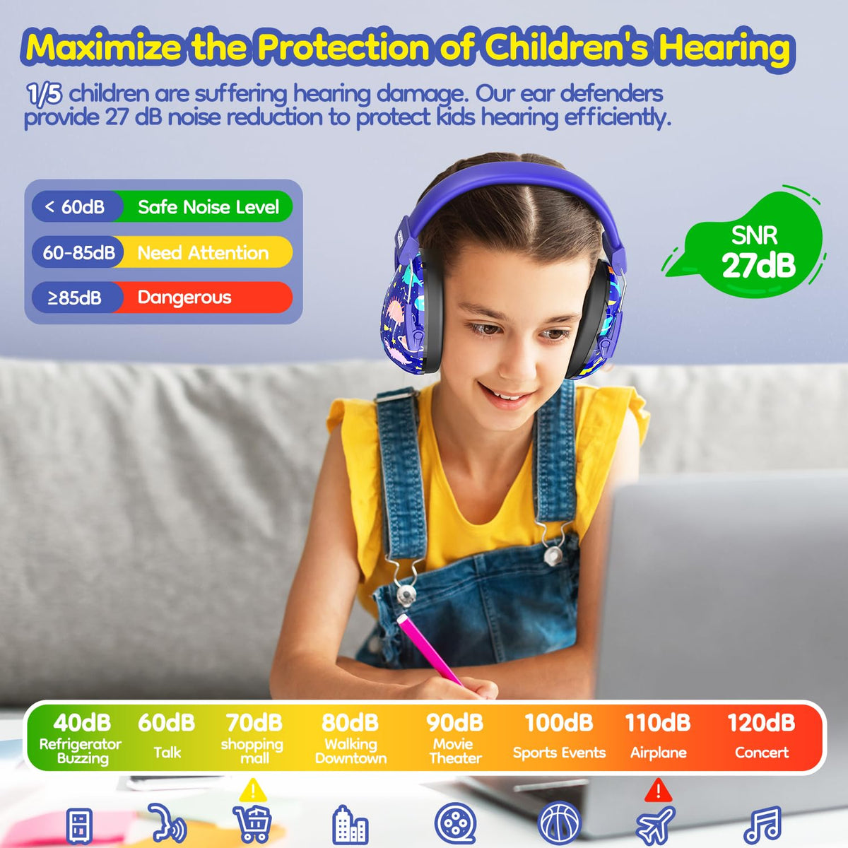Dr.meter EM100 Noise Cancelling Headphones for Kids Adults, Ear Muffs