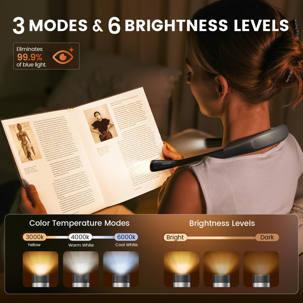 Glocusent Reading Light,Pink Neck Light,80-hr Rechargeable Book Light