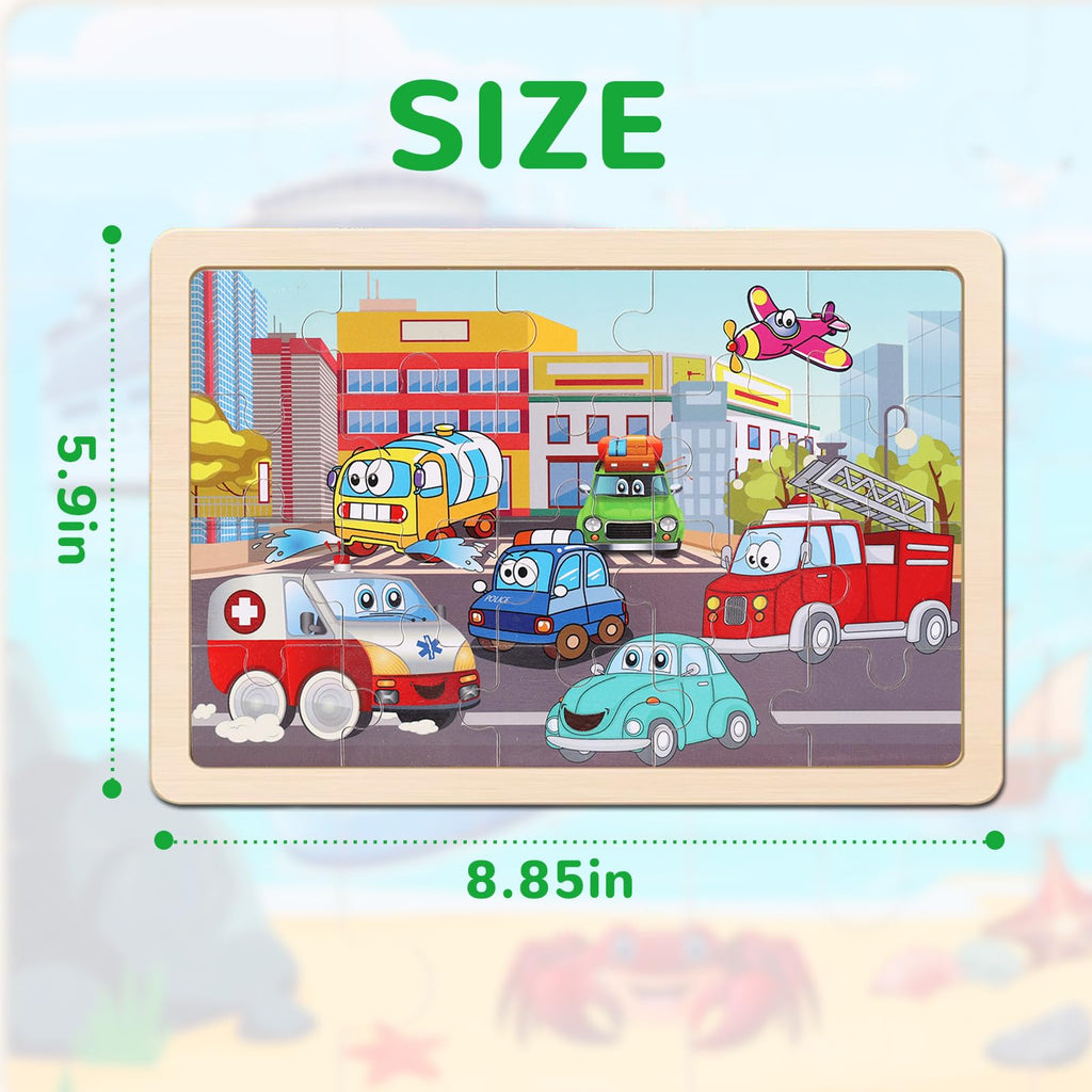 Wooden Educational Jigsaw Puzzles for Preschool Kids Ages 3-5, 4-Pack with 20 Pieces Dinosaur, Space, Transportation Wood Puzzles Set, Kids Brain Teaser Toys, Gifts for Boys Girls Ages 3 4 5 6