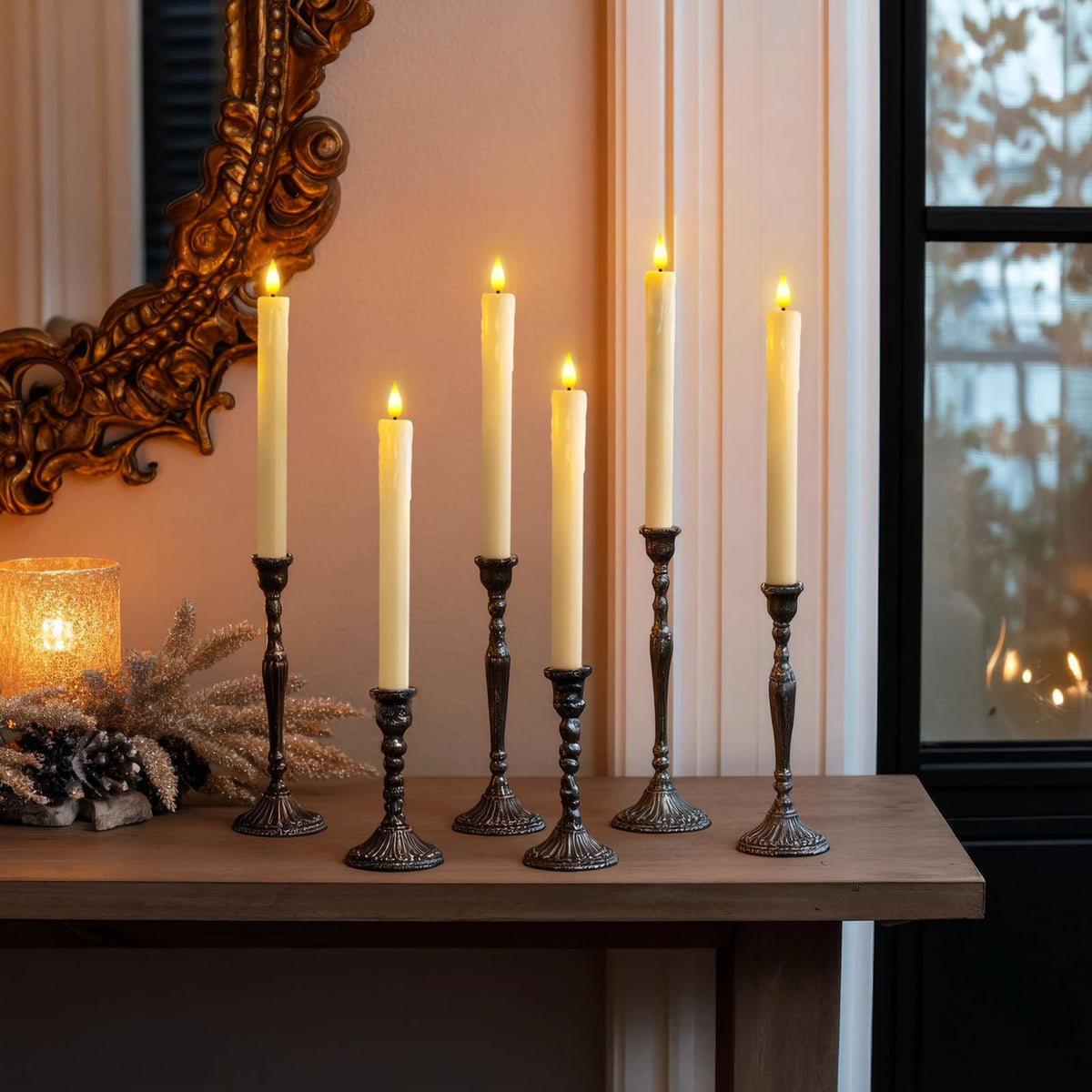 Homemory 6 Pcs Real Wax Ghost Flameless Taper Candles, 3D Wick Flickering Led Candlesticks 9.6 Inch Battery Operated with Remote & Timer, Spooky Halloween Gothic Indoor Decor