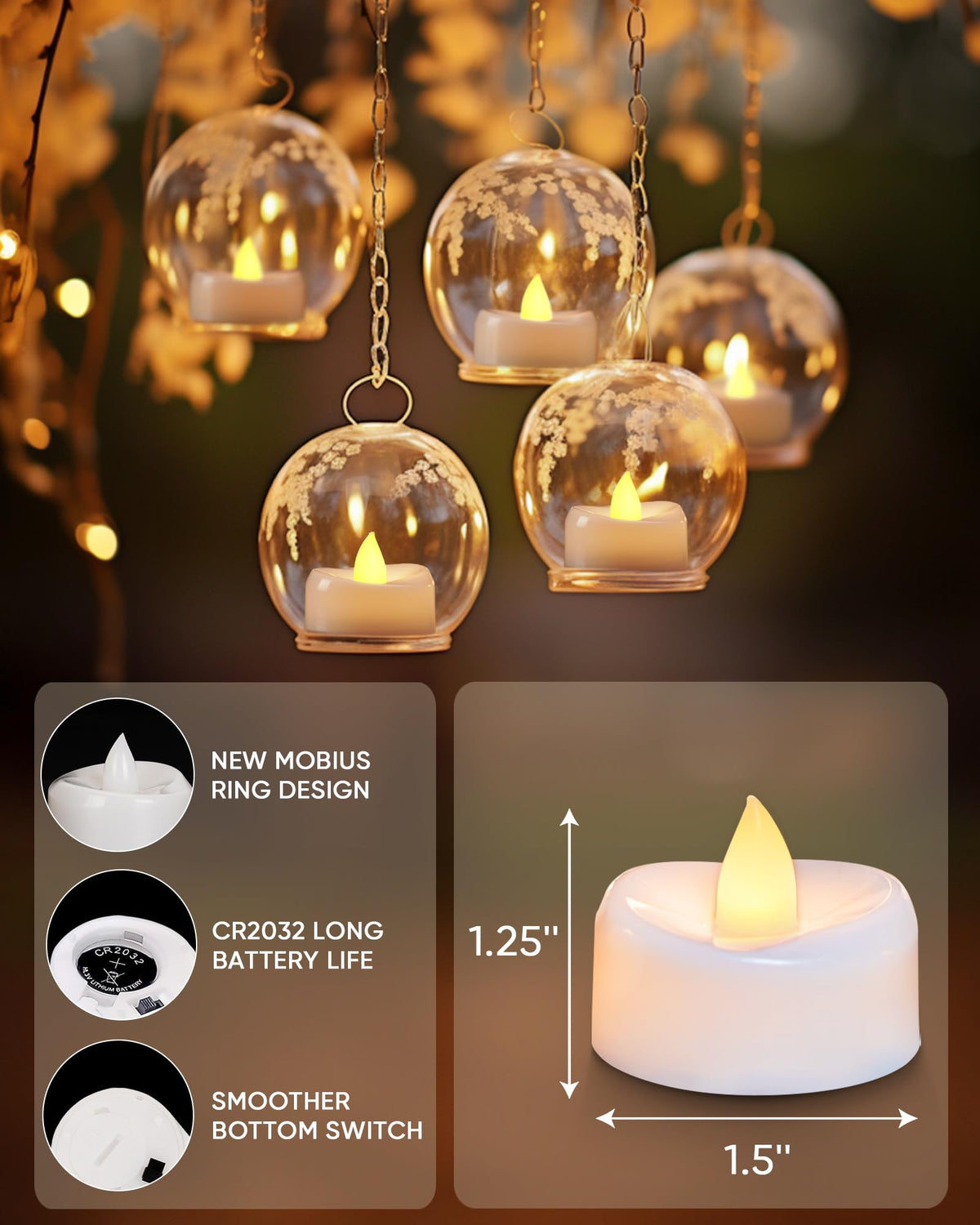 merrynights LED Candles, Tea Lights Candles Battery Operated Bulk, 24-Pack Long-Lasting 200 Hours Flameless Tealight Candles, Realistic Tea Lights for Halloween Christmas Wedding, 1.5'' D X 1.25'' H