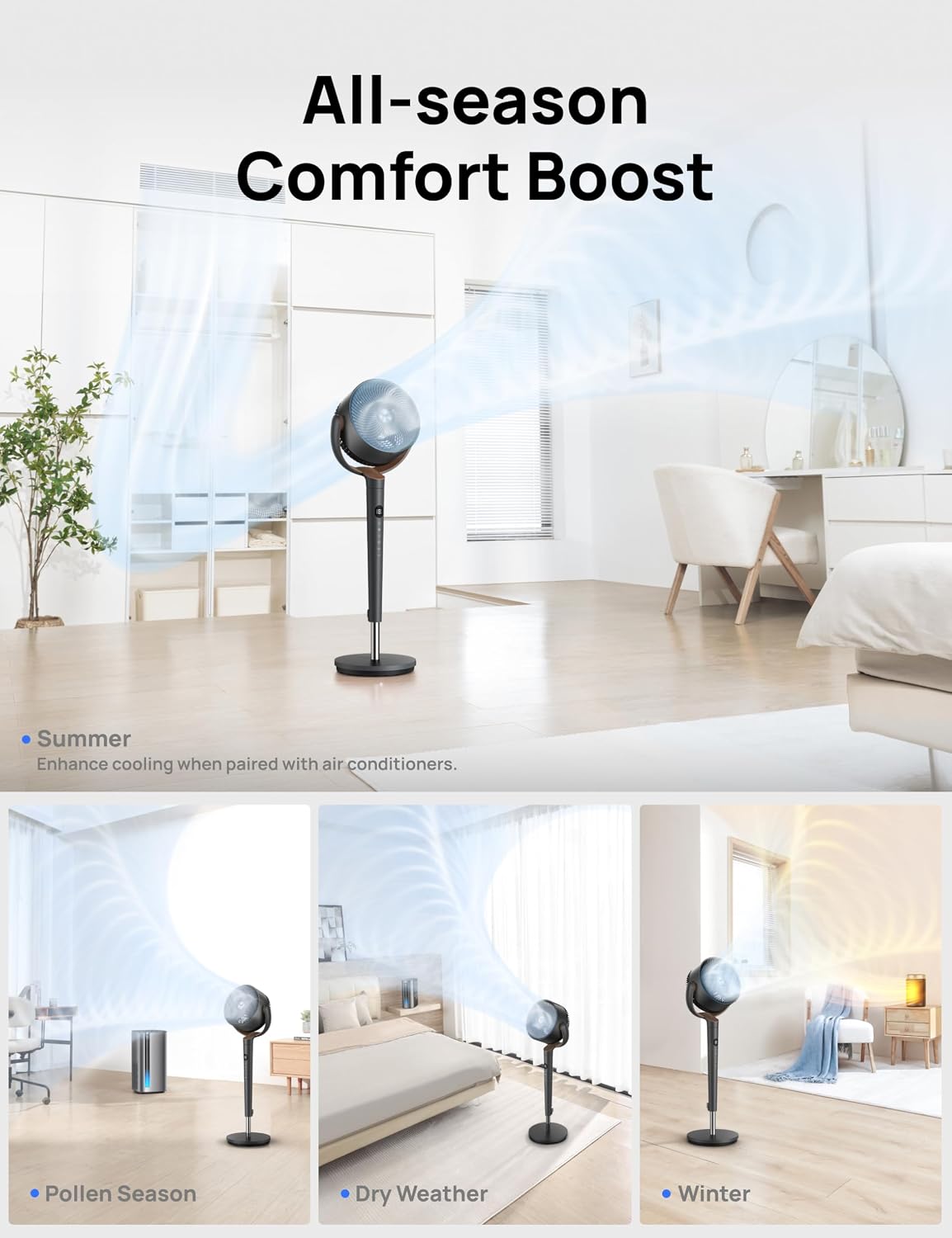 DREO Pedestal Fan for Bedroom, 100ft Airflow, Quiet DC Motor Standing Fan