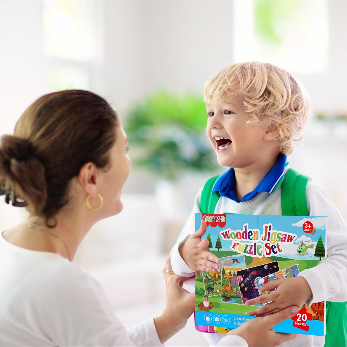 Wooden Educational Jigsaw Puzzles for Preschool Kids Ages 3-5, 4-Pack with 20 Pieces Dinosaur, Space, Transportation Wood Puzzles Set, Kids Brain Teaser Toys, Gifts for Boys Girls Ages 3 4 5 6