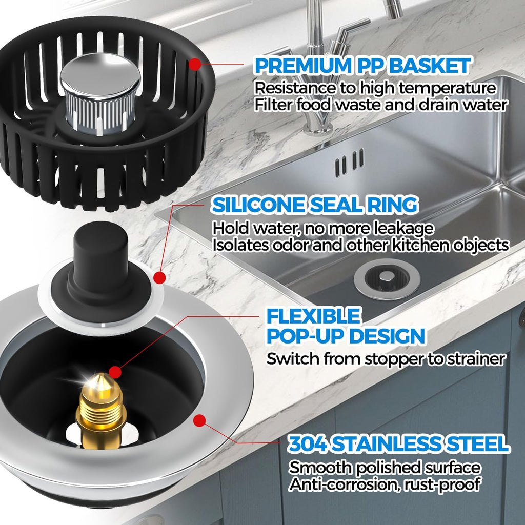 zaa 3 in 1 Kitchen Sink Drain Strainer Stopper Removable Basket Pop-Up
