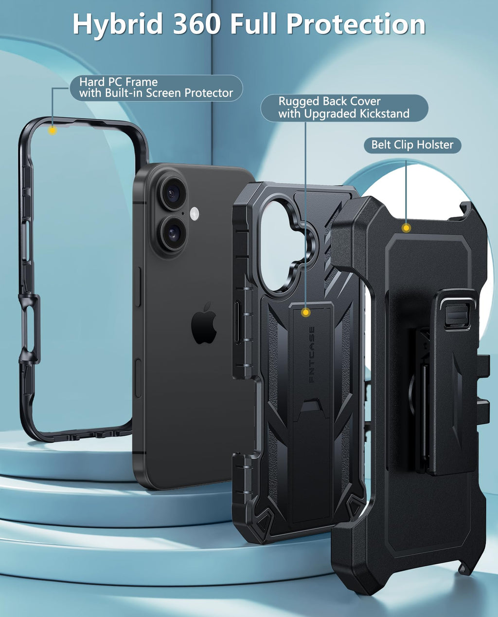 FNTCASE for iPhone 16 Case, with Belt Clip, with Built-in Screen Protector