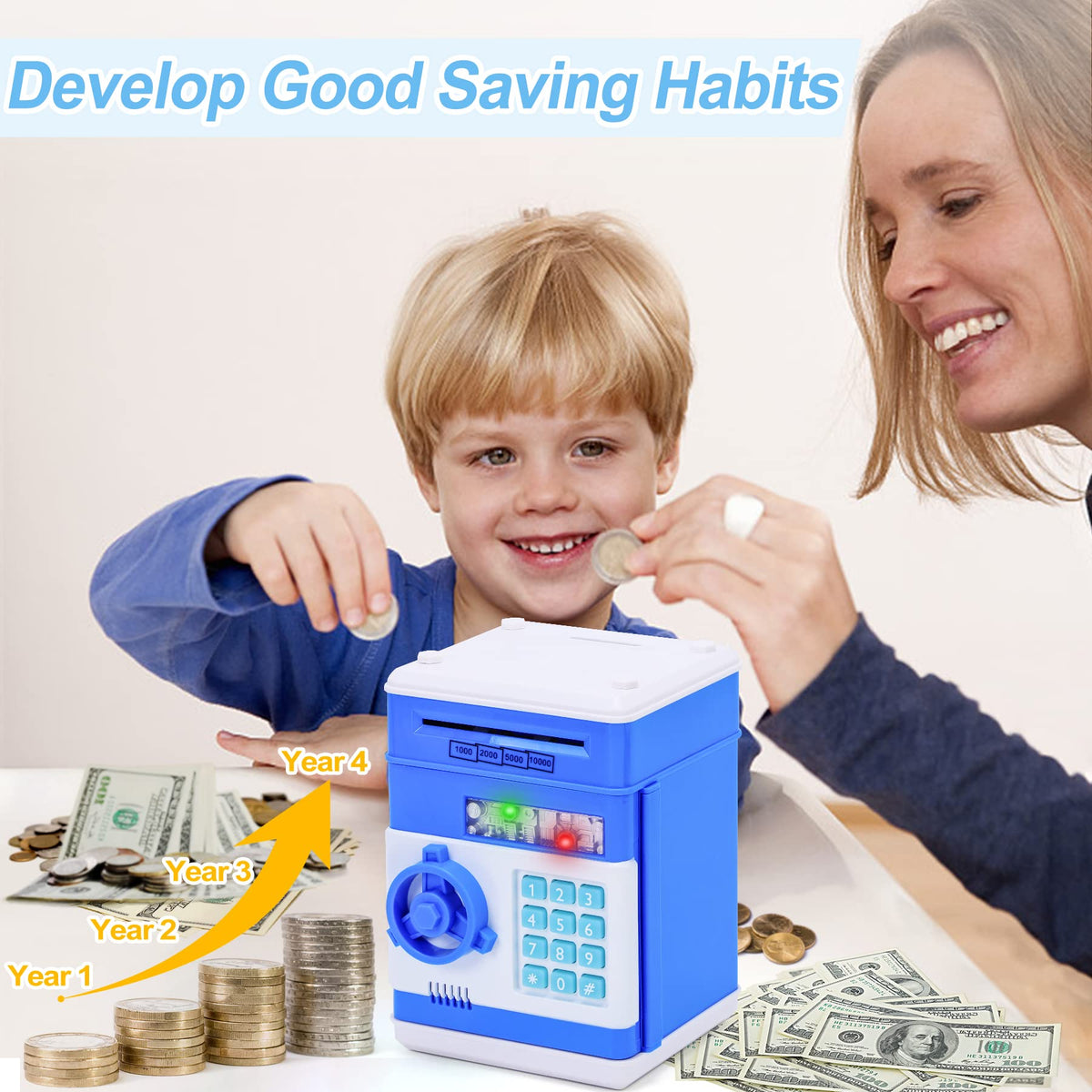 Refasy Piggy Bank Cash Coin Can ATM Bank Electronic Coin Money Bank for Kids Age 3-12, Money Savings Box Mini ATM Coin Bank Toys Gifts for 3 4 5 6 7 8 9 10 11 12 Year Old Boys Girls