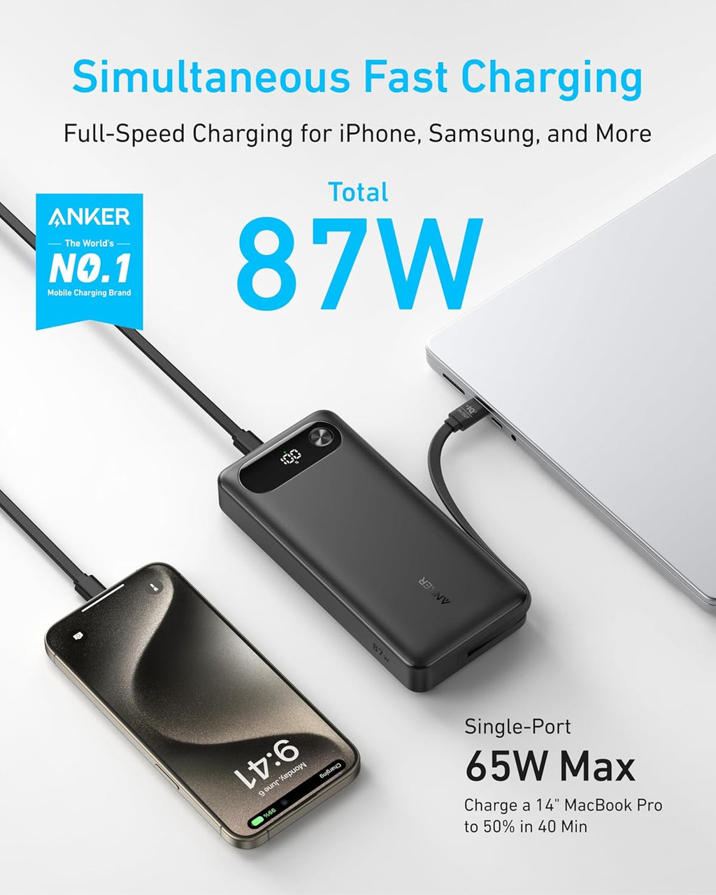 Anker Power Bank, 20,000mAh Travel Essential, Built-in USB-C Cable(Black)