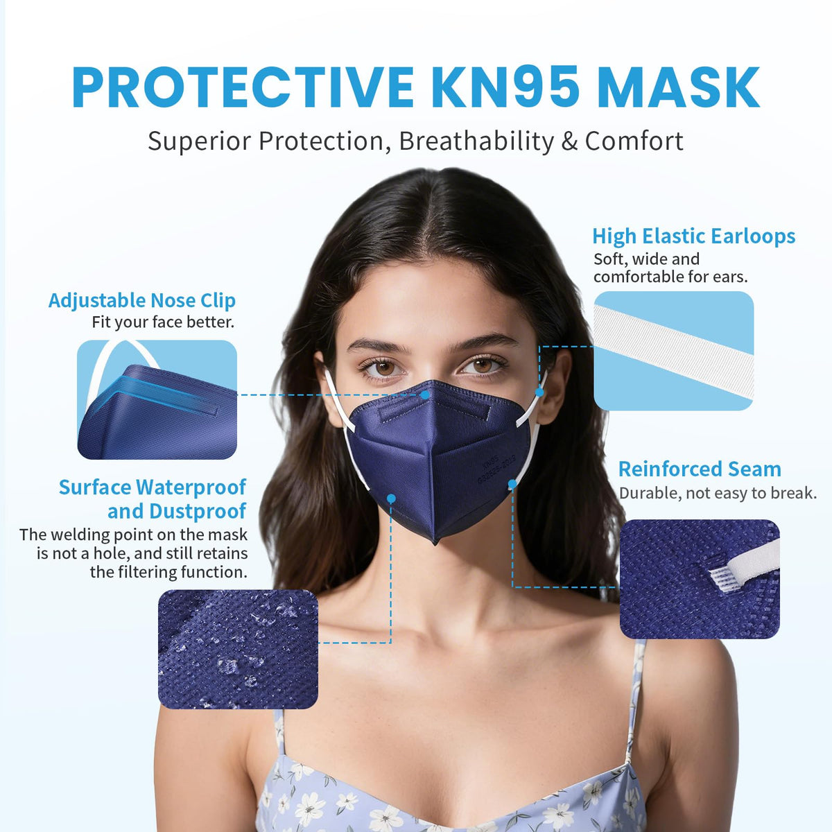 akgk KN95 Face Mask 50 PCS, Breathable Protection Masks, 5-Ply KN95 Black Masks, Cup Dust Safety Masks