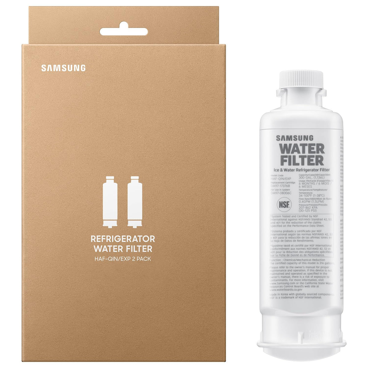 Samsung HAF-QIN/EXP Genuine Refrigerator Water Filter, Reduces 99% of Harmful Contaminants for Clean, Clear Drinking Water, 6-Month Life, Easy Install, Pack of 1