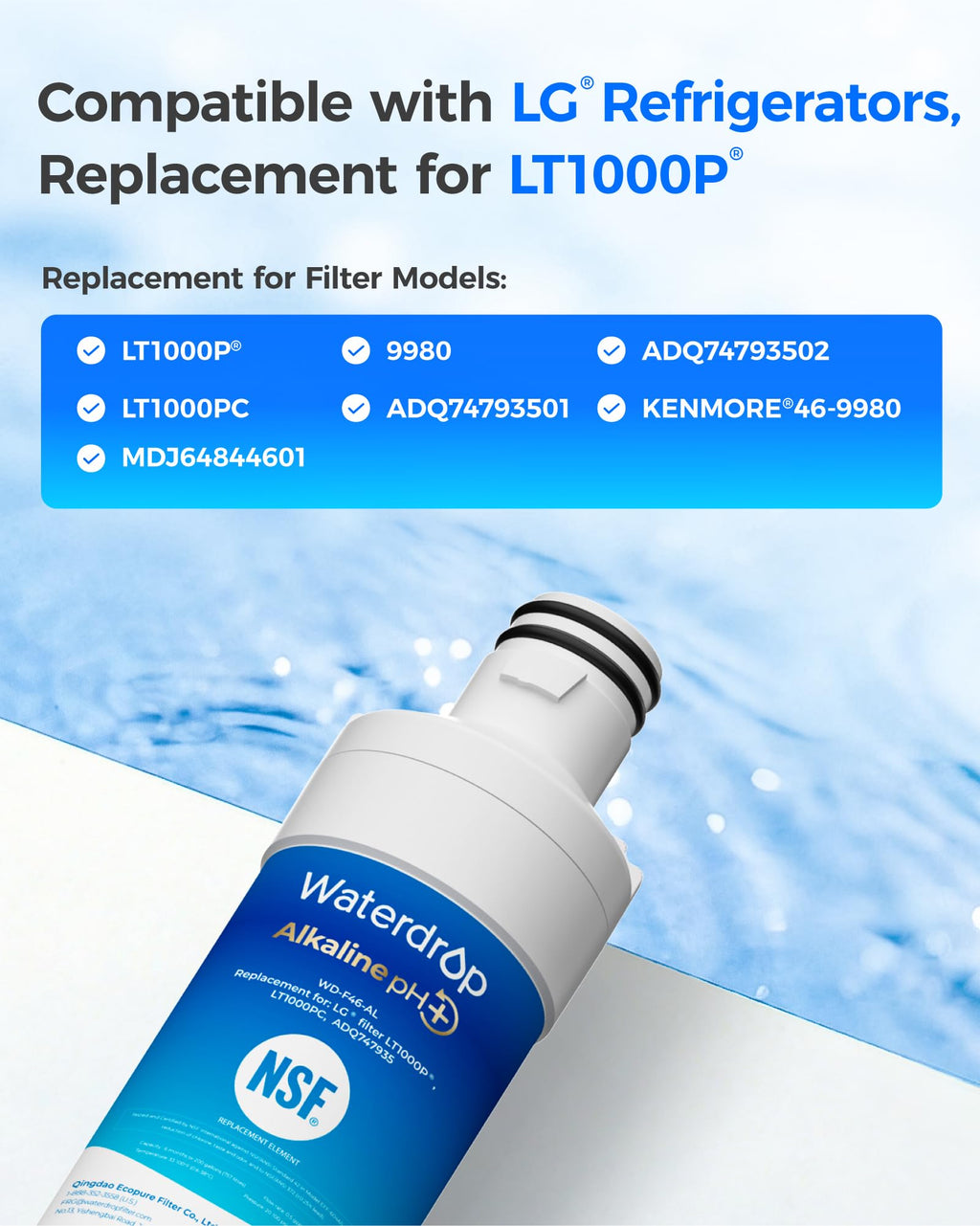 Waterdrop LT1000PC ADQ747935 MDJ64844601 Refrigerator Water Filter, 3 Pack
