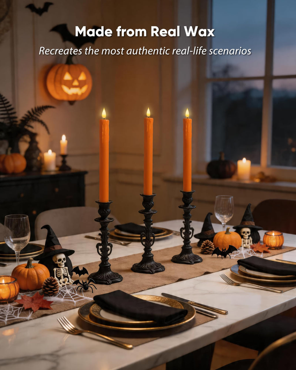 Homemory 6 Pcs Real Wax Ghost Flameless Taper Candles, 3D Wick Flickering Led Candlesticks 9.6 Inch Battery Operated with Remote & Timer, Spooky Halloween Gothic Indoor Decor