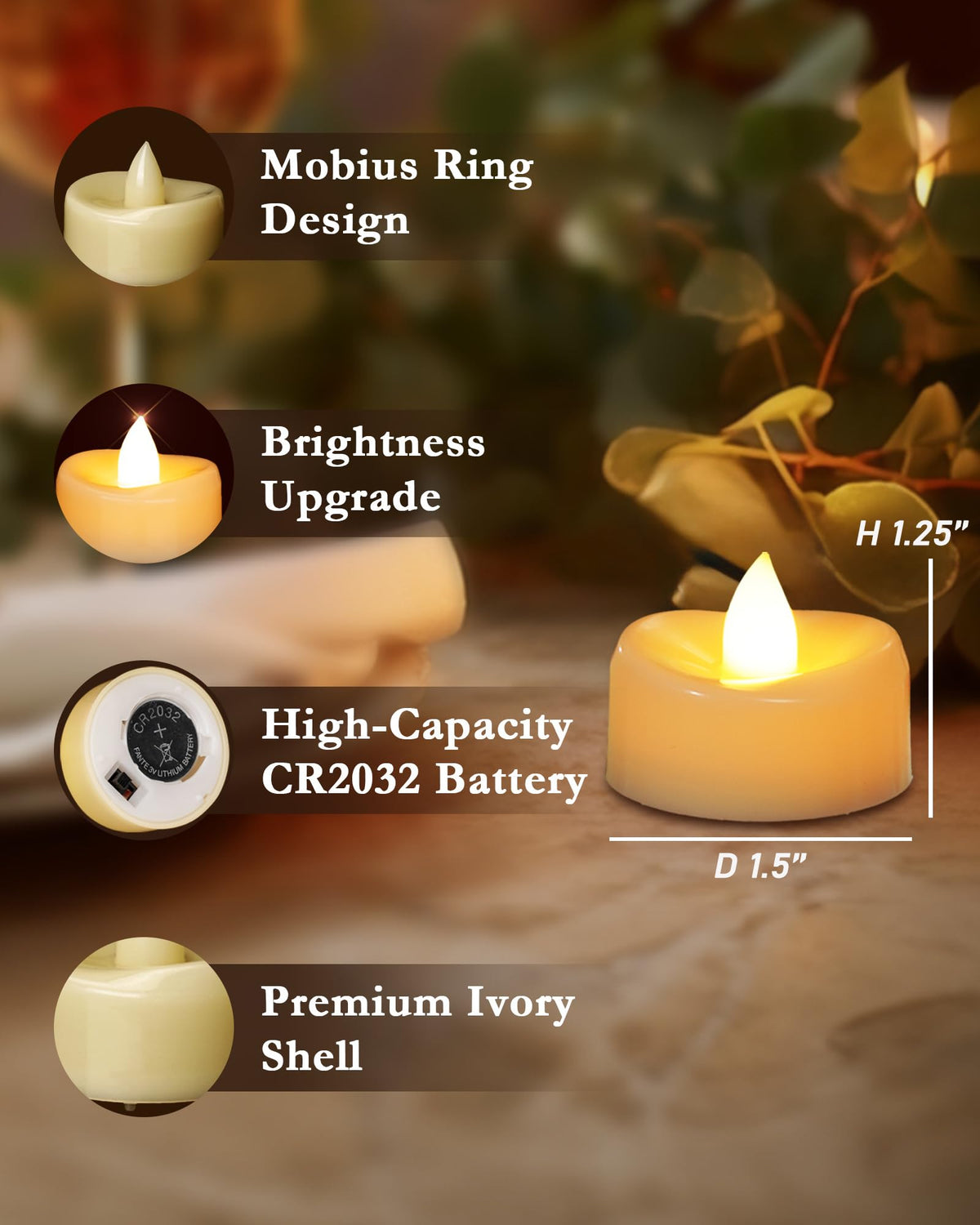merrynights LED Candles, Tea Lights Candles Battery Operated Bulk, 24-Pack Long-Lasting 200 Hours Flameless Tealight Candles, Realistic Tea Lights for Halloween Christmas Wedding, 1.5'' D X 1.25'' H