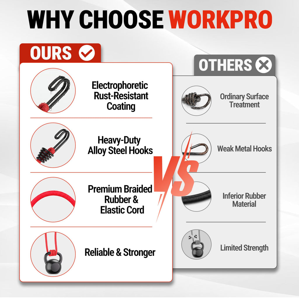 WORKPRO 24" Bungee Cords with Hooks, 4 Pack Heavy Duty Outdoor Bungee Strap