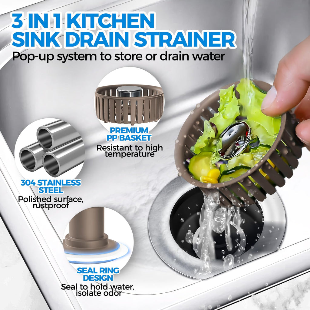 zaa 3 in 1 Kitchen Sink Drain Strainer Stopper Removable Basket Pop-Up