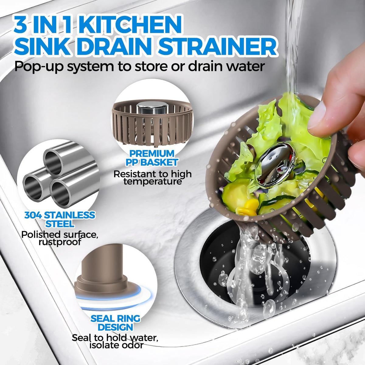 zaa 3 in 1 Kitchen Sink Drain Strainer Stopper Removable Basket Pop-Up