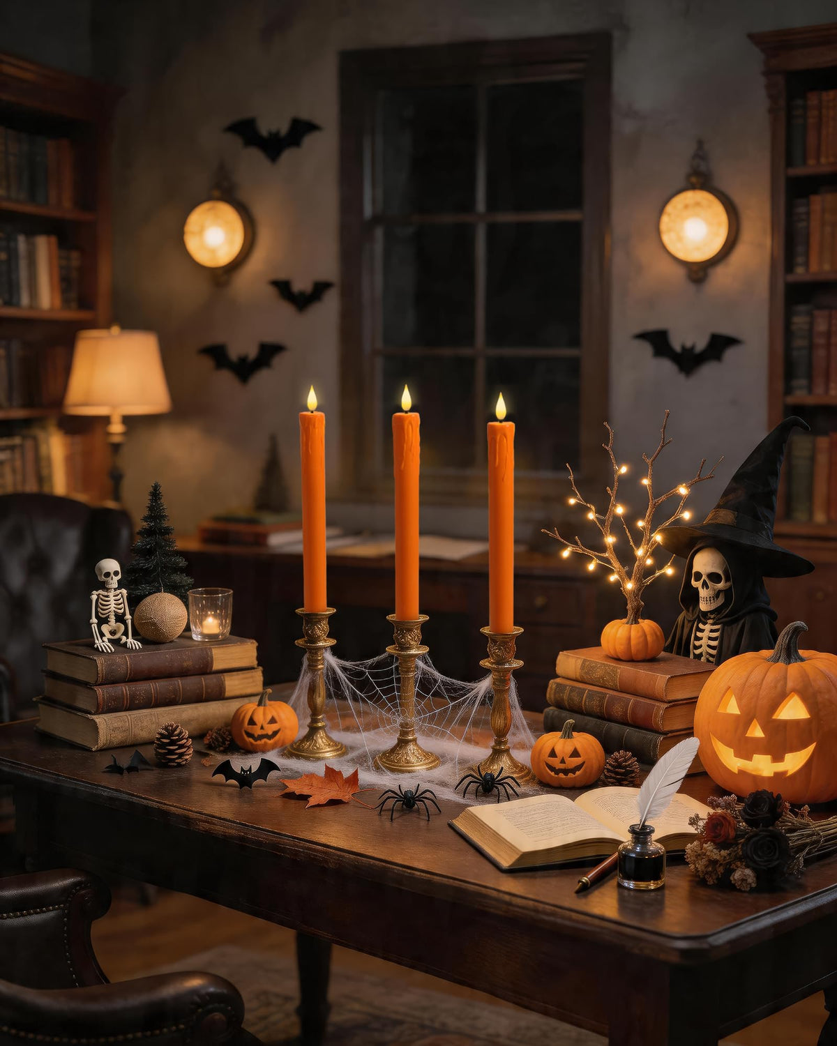 Homemory 6 Pcs Real Wax Ghost Flameless Taper Candles, 3D Wick Flickering Led Candlesticks 9.6 Inch Battery Operated with Remote & Timer, Spooky Halloween Gothic Indoor Decor