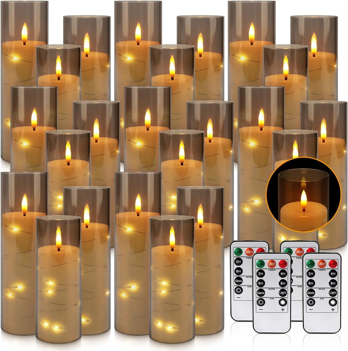 YOROXRG Set of 24 Waterproof Outdoor Flameless Candles, LED Candles with 4 Remote and Timer,(H 4" 5" 6" x D 2.2"),for Christmas,Halloween,Wedding,Festival