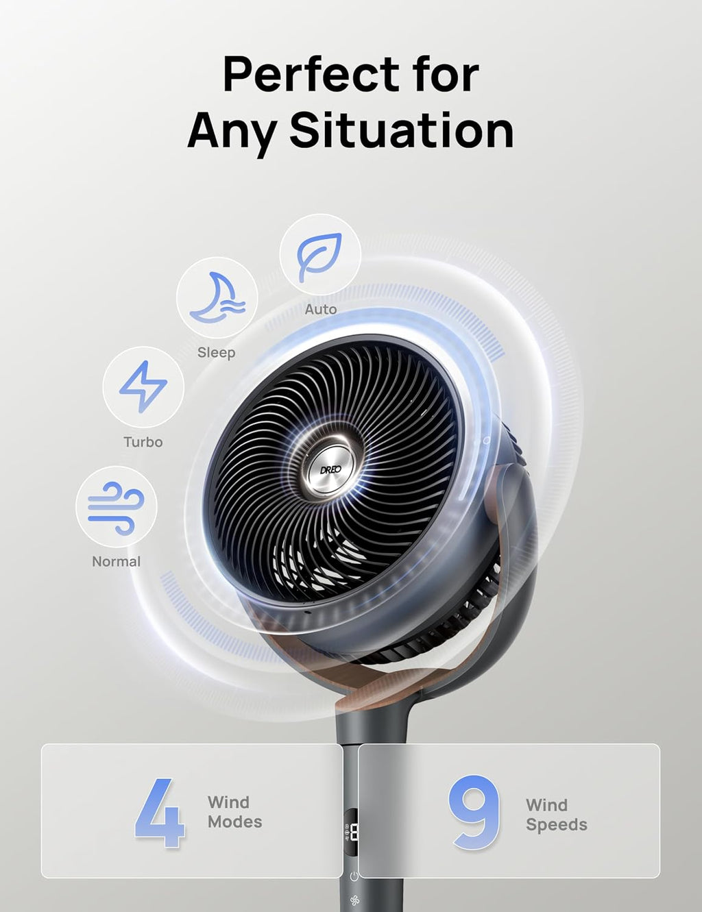 DREO Pedestal Fan for Bedroom, 100ft Airflow, Quiet DC Motor Standing Fan