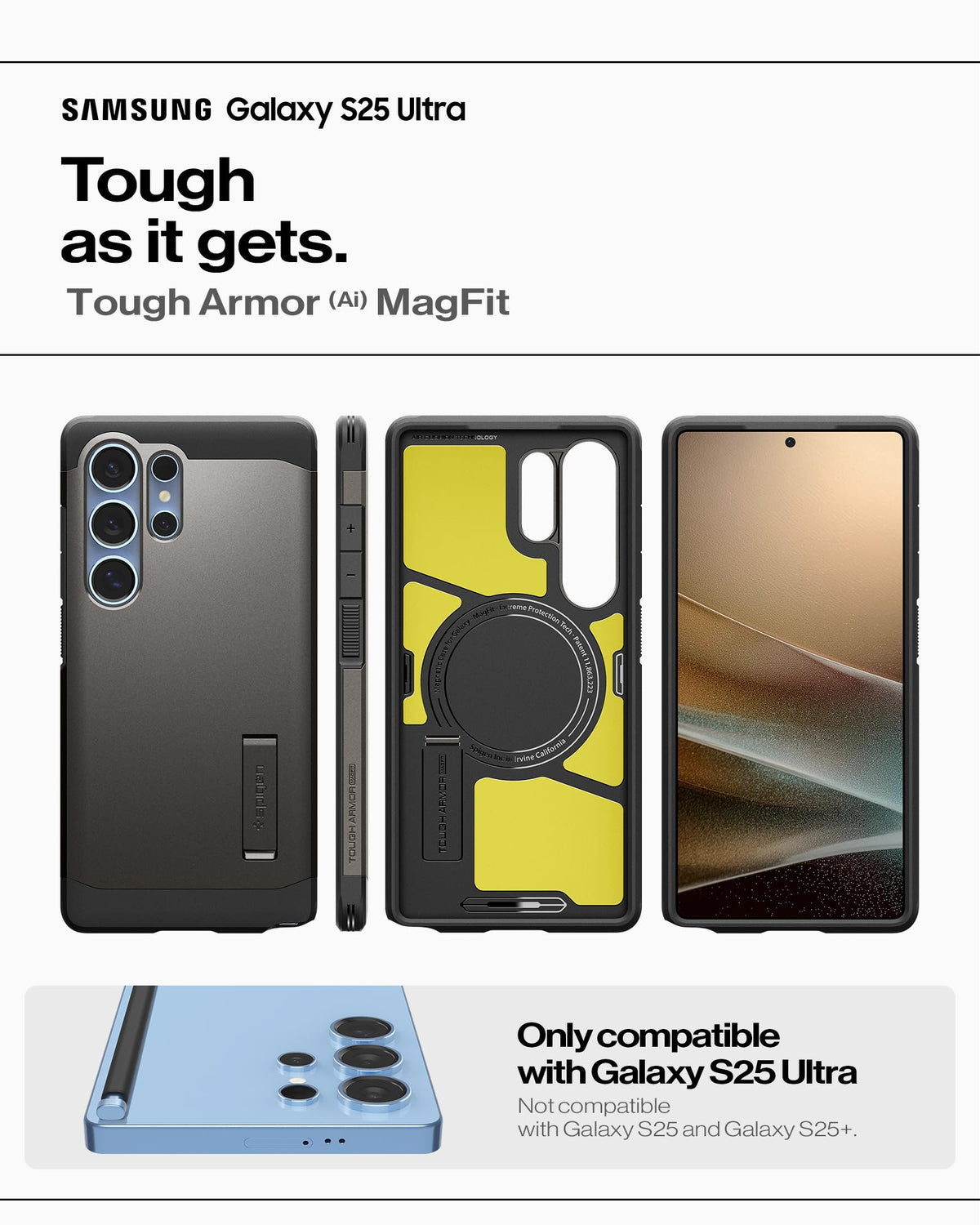 Spigen for Galaxy S25 Plus Case, Tough Armor MagFit [Kickstand] [Compatible with MagSafe] [Military-Grade Protection] - Black