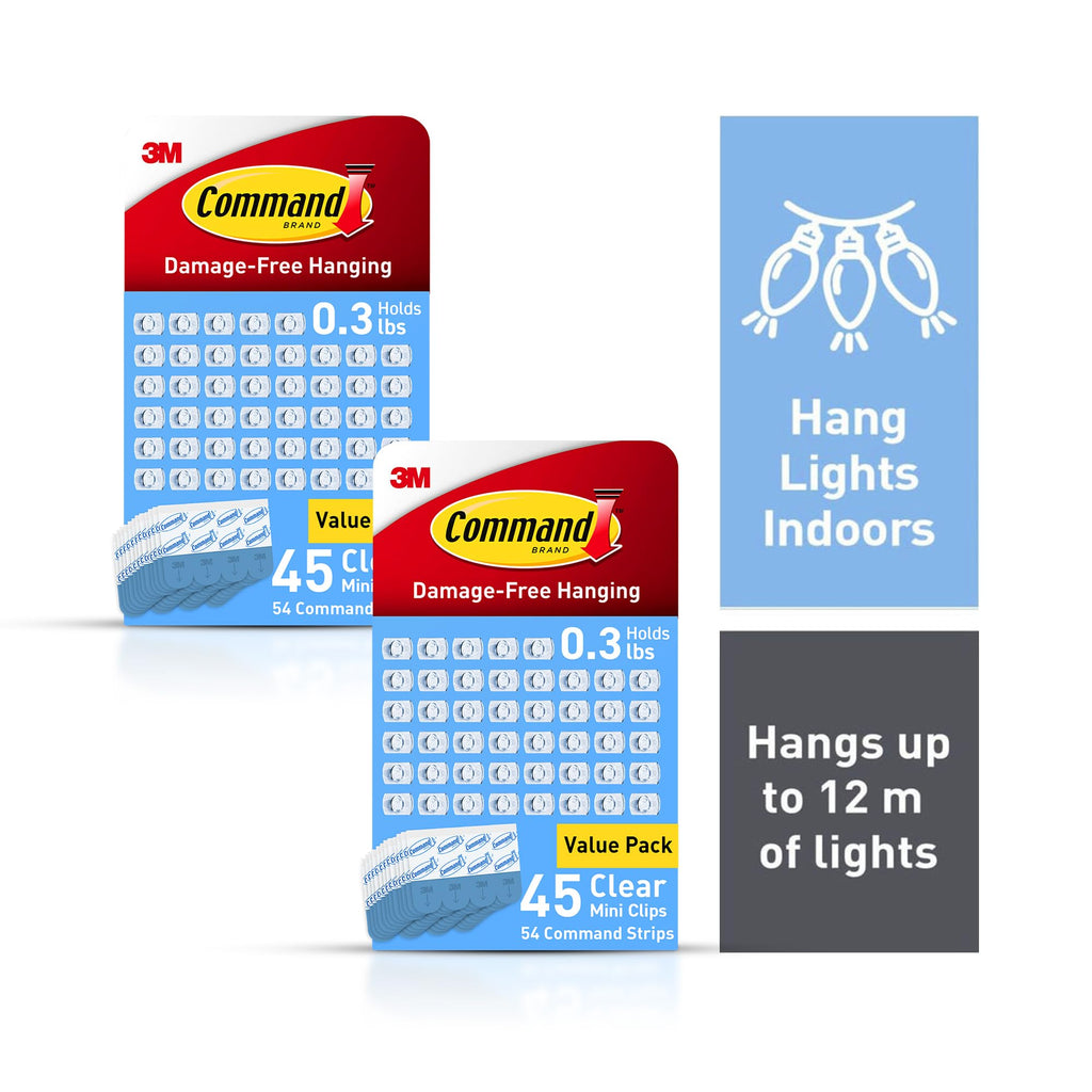 Command Clear Indoor Mini Light Clips Value Pack, 45 Clips, 54 Strips, Damage-Free String Light Hangers for Home, Room, Wall, Office, and Dorm Decor, Great for Cable Management, Holds up to 0.3 lb