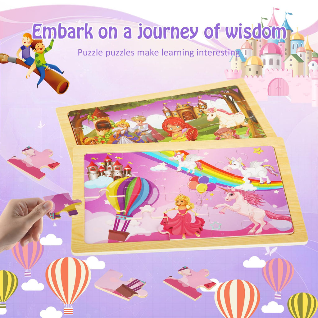 Wooden Educational Jigsaw Puzzles for Preschool Kids Ages 3-5, 4-Pack with 20 Pieces Dinosaur, Space, Transportation Wood Puzzles Set, Kids Brain Teaser Toys, Gifts for Boys Girls Ages 3 4 5 6