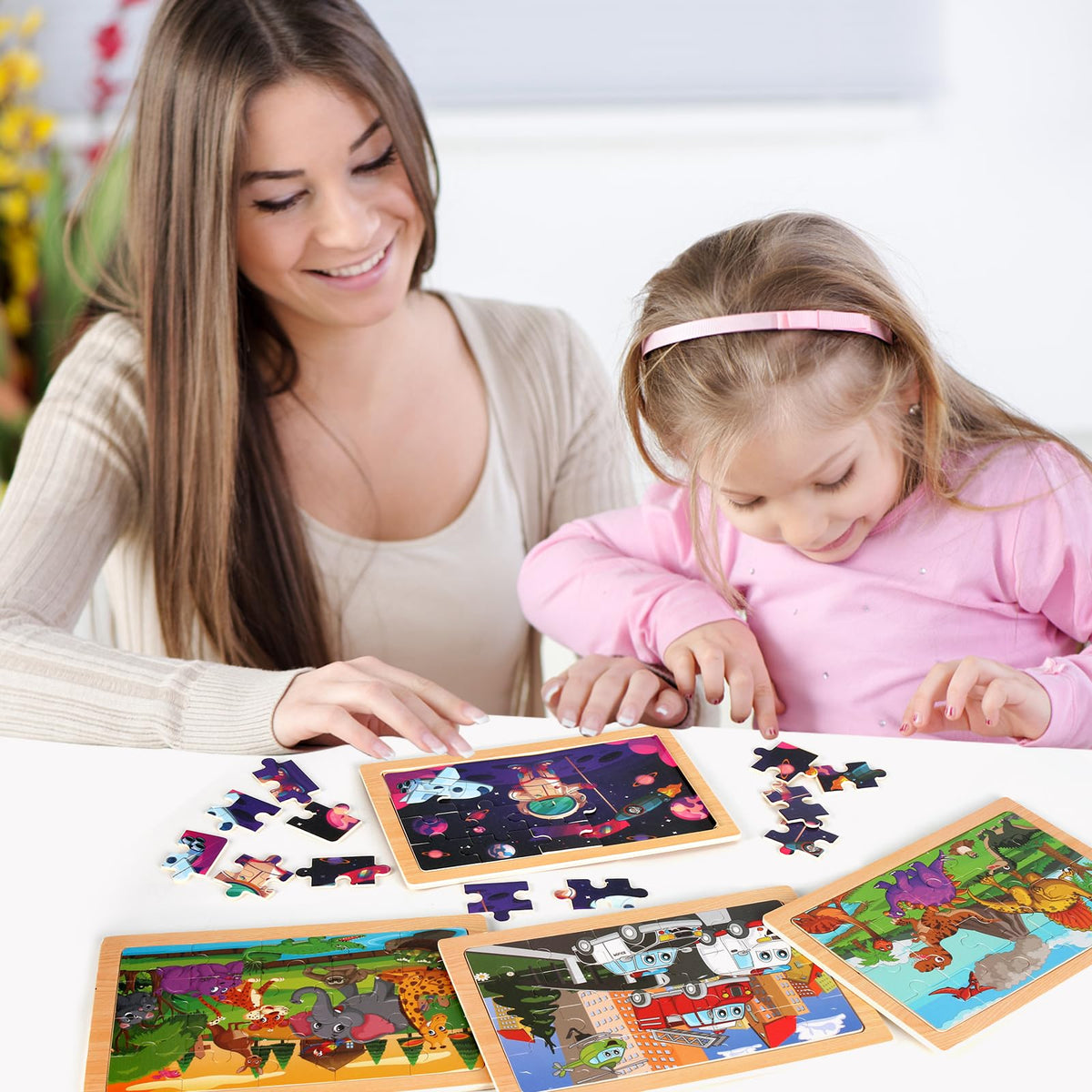 Wooden Educational Jigsaw Puzzles for Preschool Kids Ages 3-5, 4-Pack with 20 Pieces Dinosaur, Space, Transportation Wood Puzzles Set, Kids Brain Teaser Toys, Gifts for Boys Girls Ages 3 4 5 6