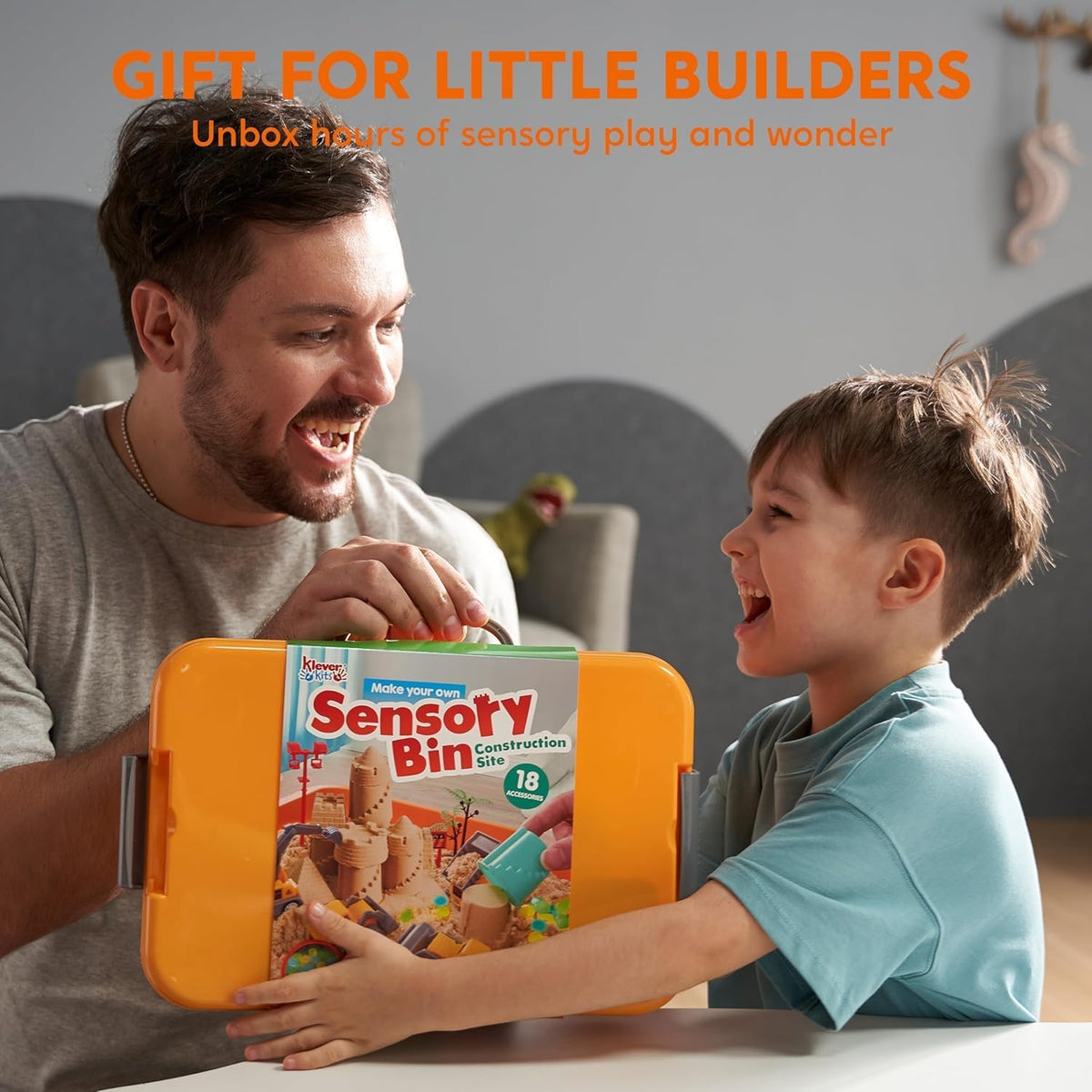 JOVA Klever Kits Construction Sensory Bin for Kids with Glow in The Dark Stones, Sandbox with Lid Castle Building kit, Preschool Learning Activities Gifts for Boys Girls Age 3+