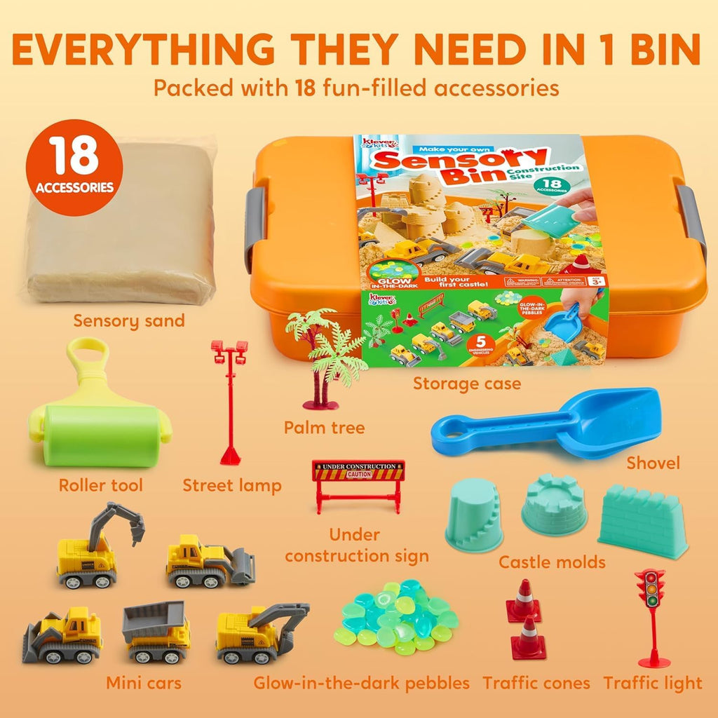 JOVA Klever Kits Construction Sensory Bin for Kids with Glow in The Dark Stones, Sandbox with Lid Castle Building kit, Preschool Learning Activities Gifts for Boys Girls Age 3+
