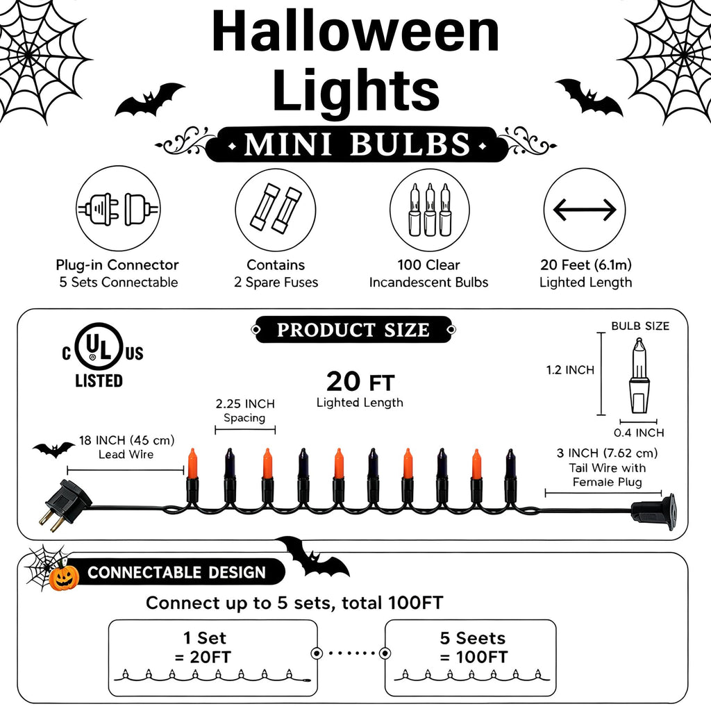TW SHINE Orange Halloween Lights, 20FT 100 Count Incandescent Mini String Lights, Waterproof Halloween Decorations for Outdoor Indoor Patio Home Party Garden Yard Decor