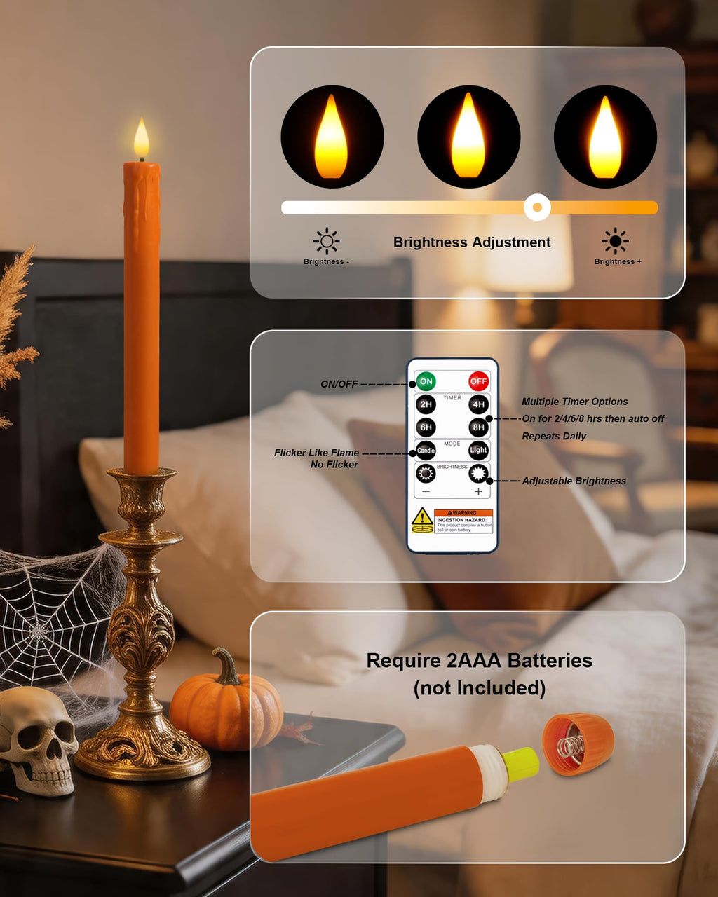 Homemory 6 Pcs Real Wax Ghost Flameless Taper Candles, 3D Wick Flickering Led Candlesticks 9.6 Inch Battery Operated with Remote & Timer, Spooky Halloween Gothic Indoor Decor