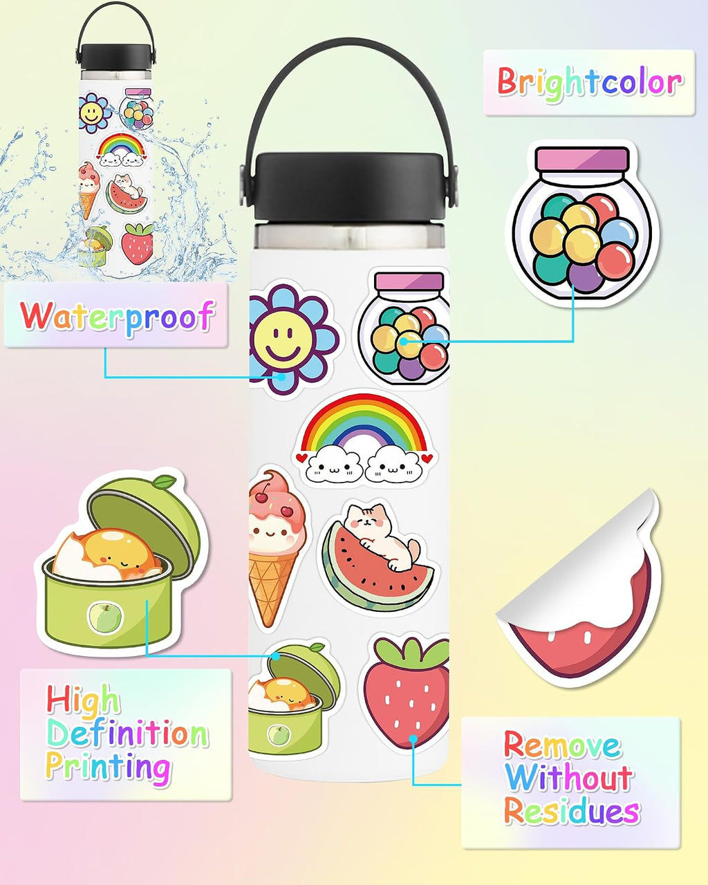 600 Pcs/Pack Water Bottle Stickers for Kids, Cute Vinyl Waterproof Stickers