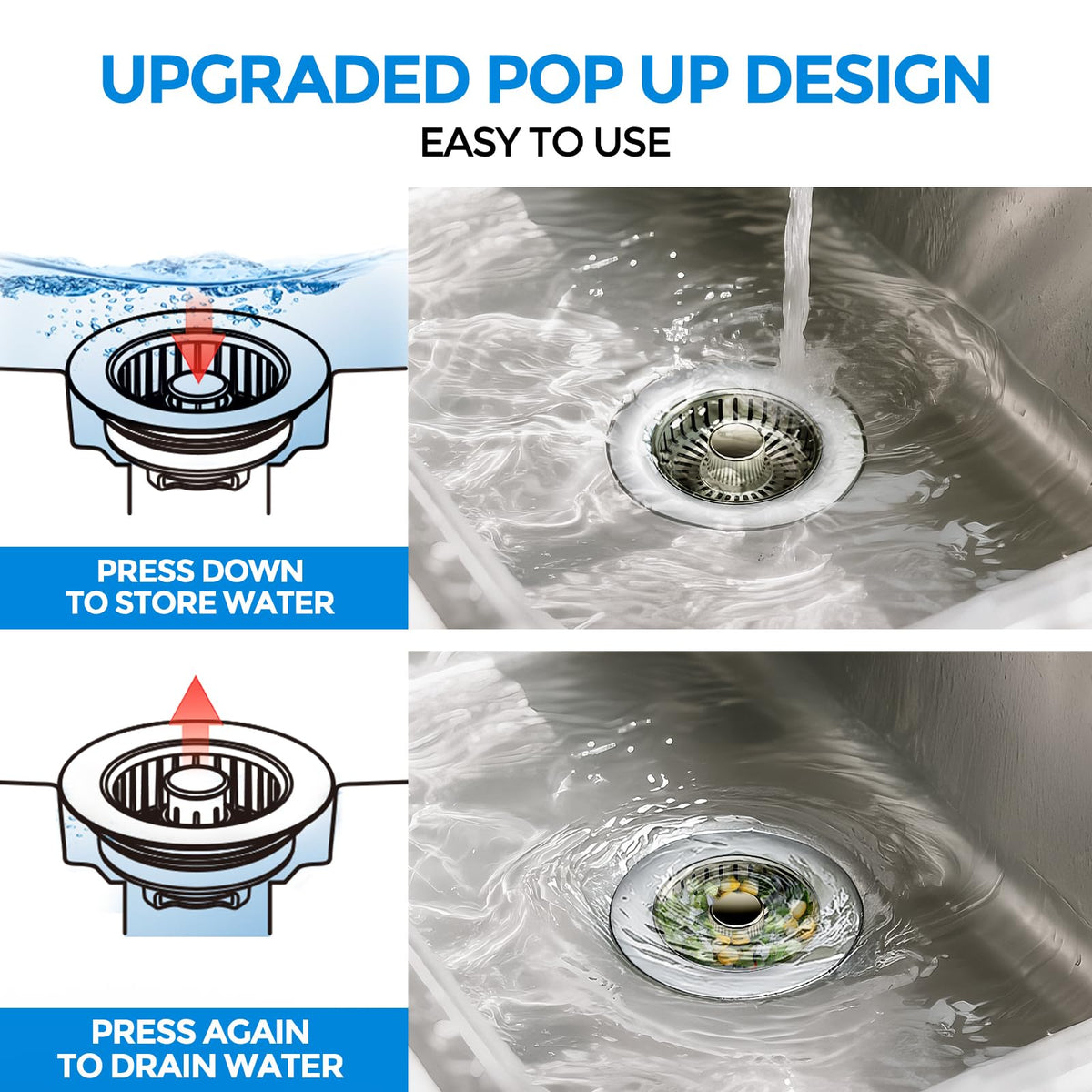 zaa 3 in 1 Kitchen Sink Drain Strainer Stopper Removable Basket Pop-Up