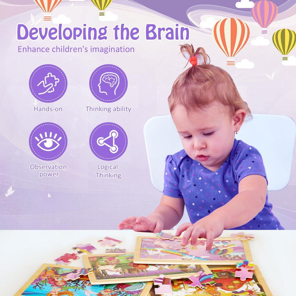 Wooden Educational Jigsaw Puzzles for Preschool Kids Ages 3-5, 4-Pack with 20 Pieces Dinosaur, Space, Transportation Wood Puzzles Set, Kids Brain Teaser Toys, Gifts for Boys Girls Ages 3 4 5 6