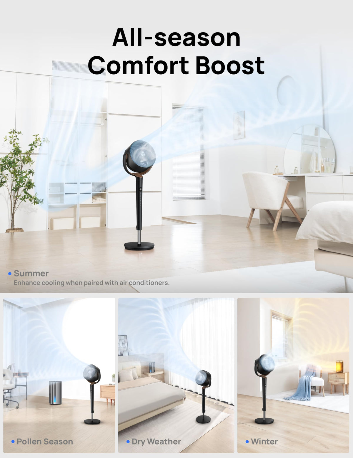 DREO Pedestal Fan for Bedroom, 100ft Airflow, Quiet DC Motor Standing Fan