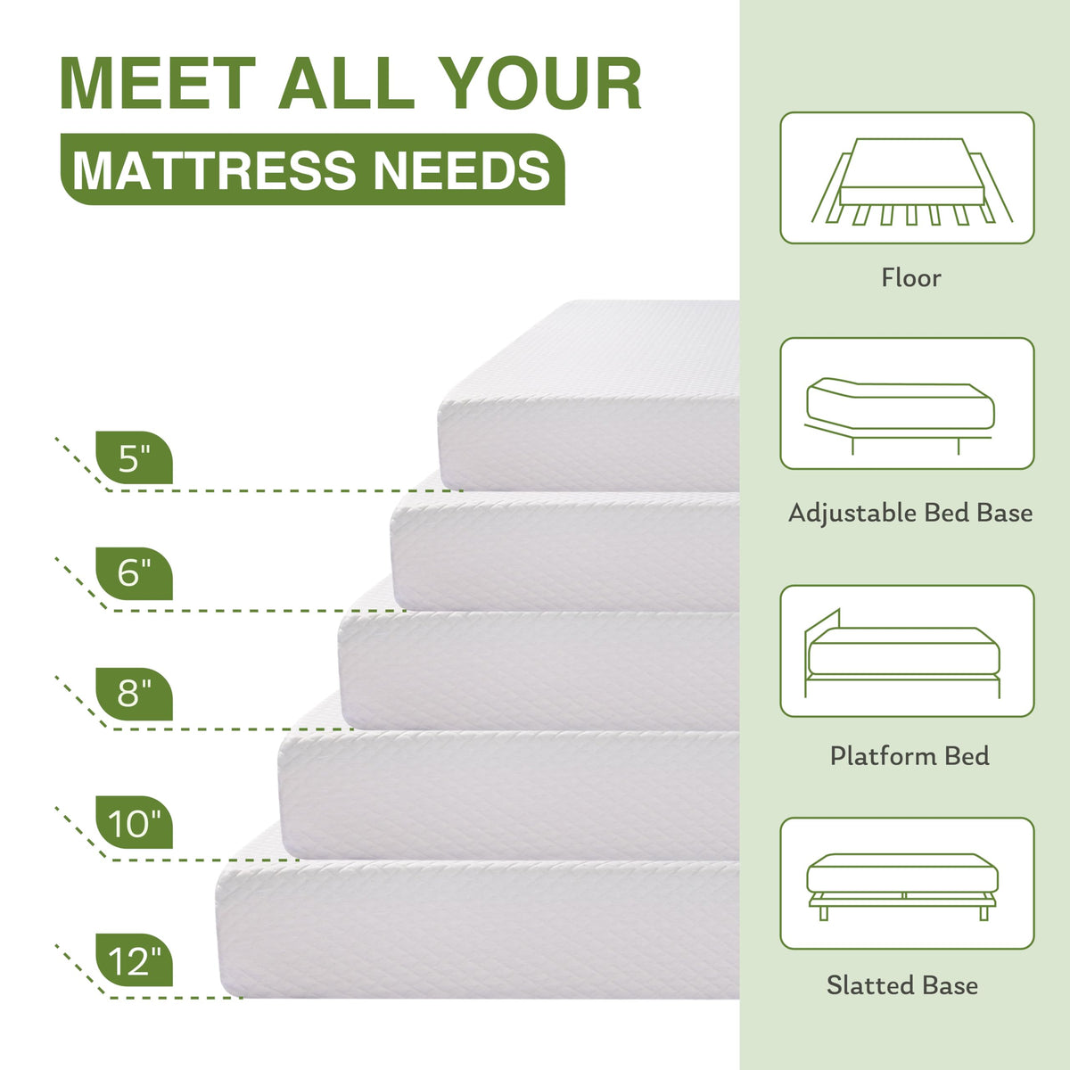 EGOHOME Twin Mattress 14 Inch, Green Tea Memory Foam Mattress, Medium Plush